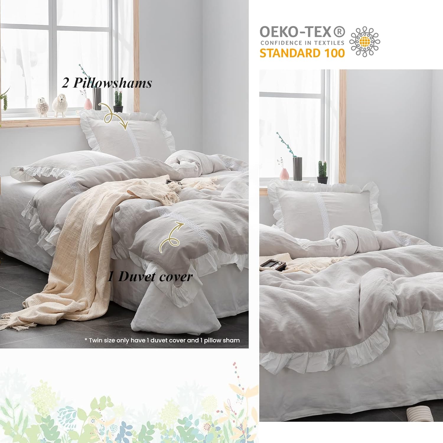 Simple&Opulence 100% Linen Duvet Cover Set (104'x92') Floral Flax King Size, Shabby Chic Ruffle Edge Lace Insert Decoration, 3 Pcs Farmhouse Bedding-1 Comforter Cover 2 Pillow Shams, Floral Grey