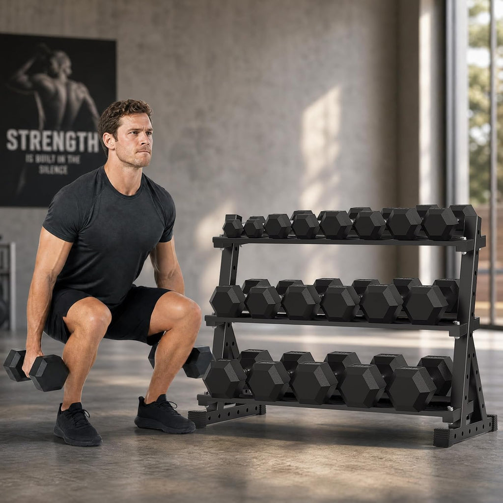 HANDBODE Hex Dumbbell Set with Rack, 300-840 lb Rubber Coated Fixed Weights Sets with Heavy Duty Storage Stand, Hexagon Shape, Multiple Weight Options Home Gym Equipment for Strength Training