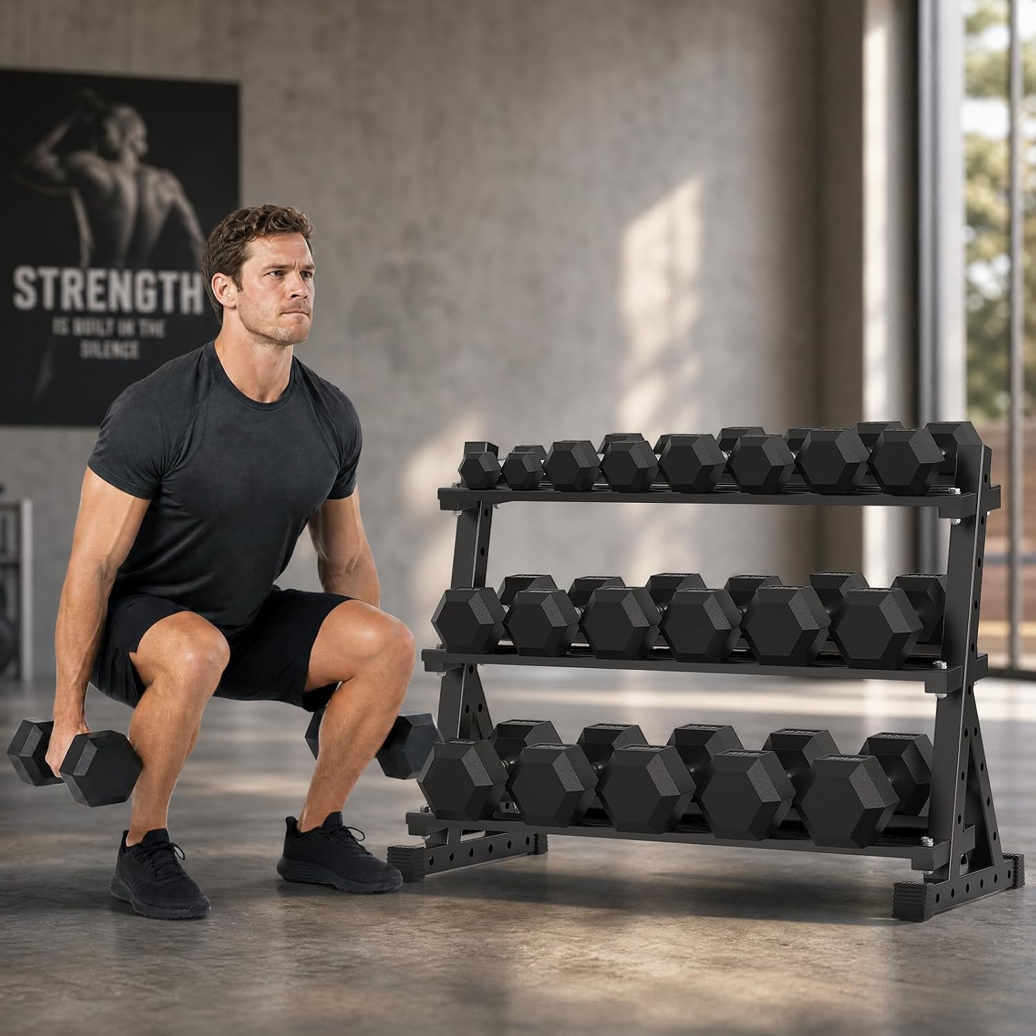 HANDBODE Hex Dumbbell Set with Rack, 300-840 lb Rubber Coated Fixed Weights Sets with Heavy Duty Storage Stand, Hexagon Shape, Multiple Weight Options Home Gym Equipment for Strength Training
