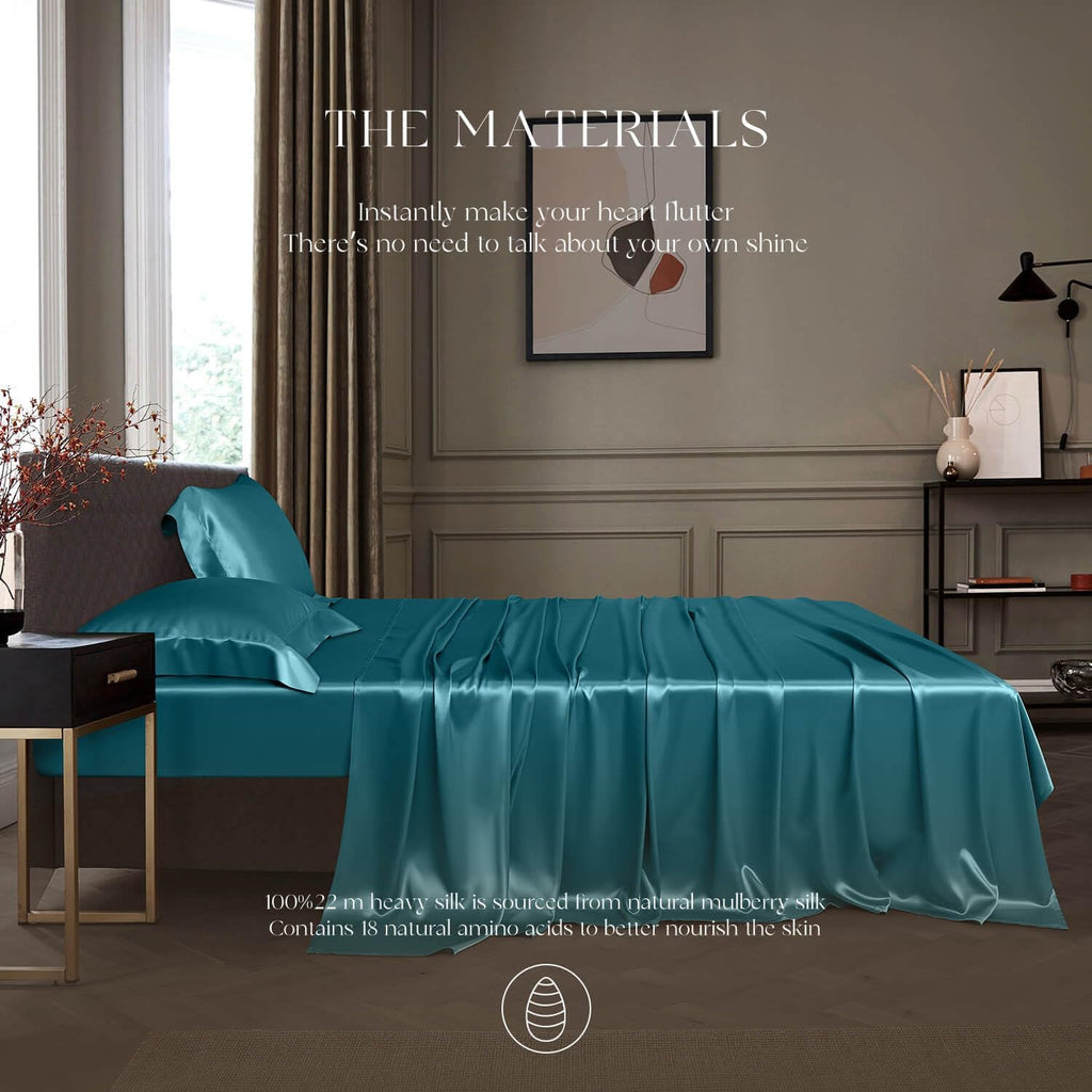 DISANGNI 22 Momme 100% Mulberry Silk Bedding Set - 4-Piece Luxury (2 Pillowcases, 1 Fitted Sheet, 1 Flat Sheet) - 6A Grade Natural Silk (Blue Green, Queen)