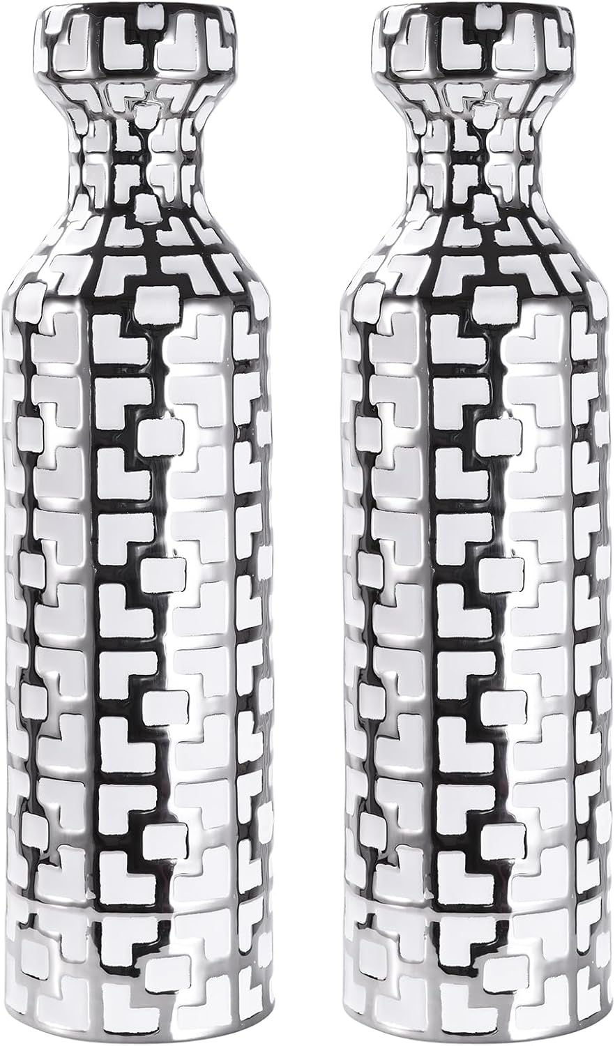 24.4 inch Tall Floor Vases Set of 2. White Vase with Silver Geometric Patterns, Ceramics Modern Flower Vases for Living Room, Entryway, Indoor/Outdoor Decor, Large Vase for Home Decor