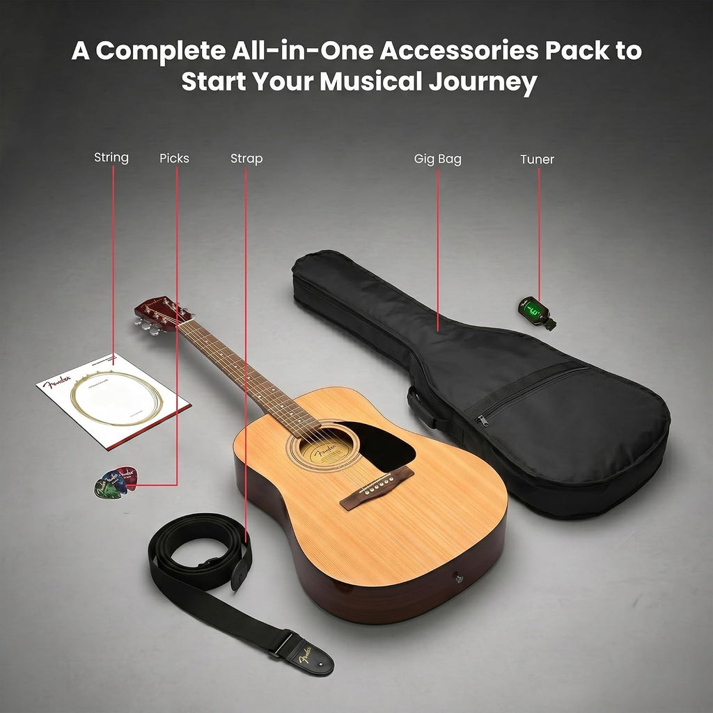 Fender Dreadnought Acoustic Guitar - Natural Bundle with Gig Bag, Tuner, Strings, Strap, and Picks