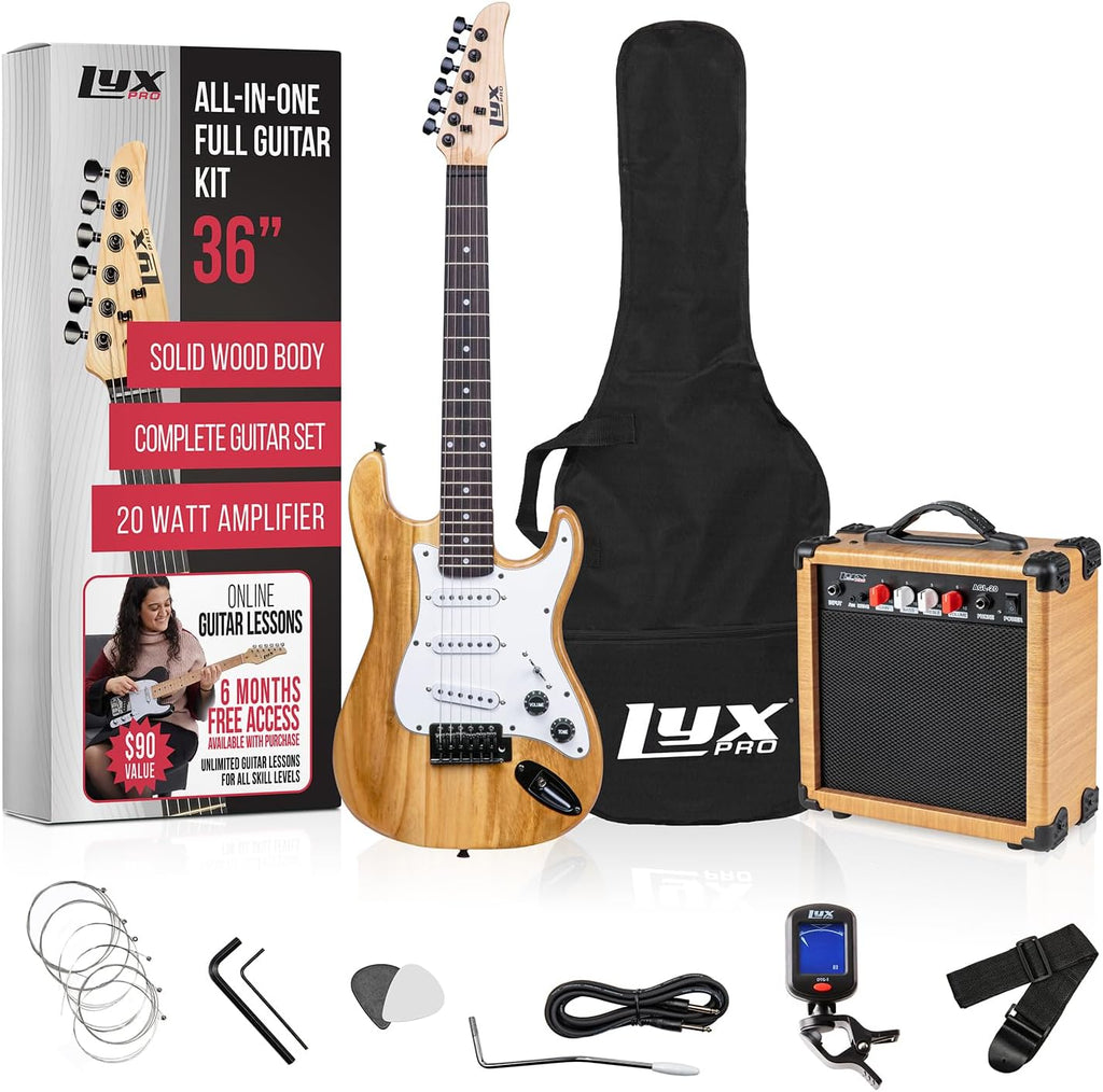 LyxPro 36 Inch Electric Guitar and Kit for Kids with 3/4 Size Beginner's Guitar, Amp, Six Strings, Two Picks, Shoulder Strap, Digital Clip On Tuner, Cable and Soft Case Gig Bag -Natural