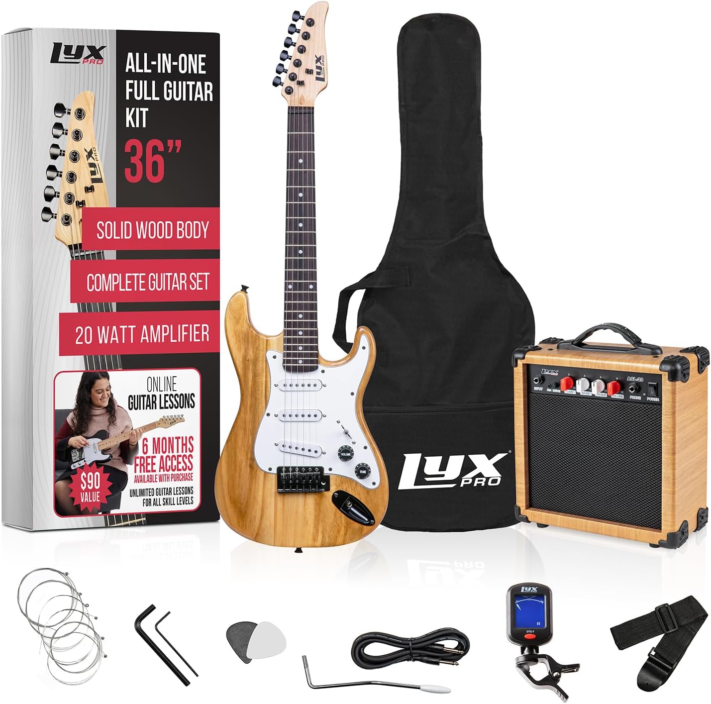 LyxPro 36 Inch Electric Guitar and Kit for Kids with 3/4 Size Beginner's Guitar, Amp, Six Strings, Two Picks, Shoulder Strap, Digital Clip On Tuner, Cable and Soft Case Gig Bag -Natural