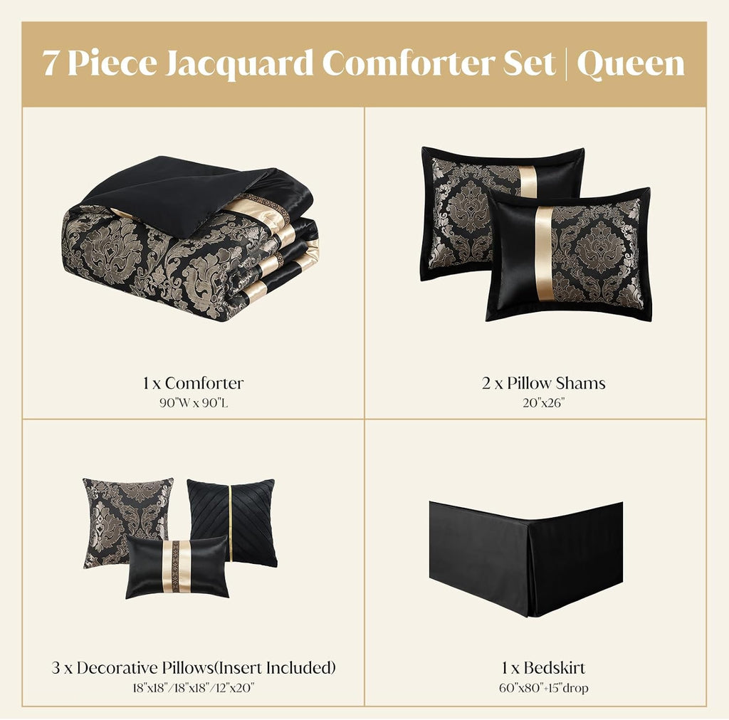 CozyDH Black and Gold Jacquard Comforter Set Queen - 7 Piece Luxury Damask Medallion Patchwork Bed in a Bag, All Season Down Alternative Bedding with Bed Skirt, Shams, Decorative Pillows, 90x90 in