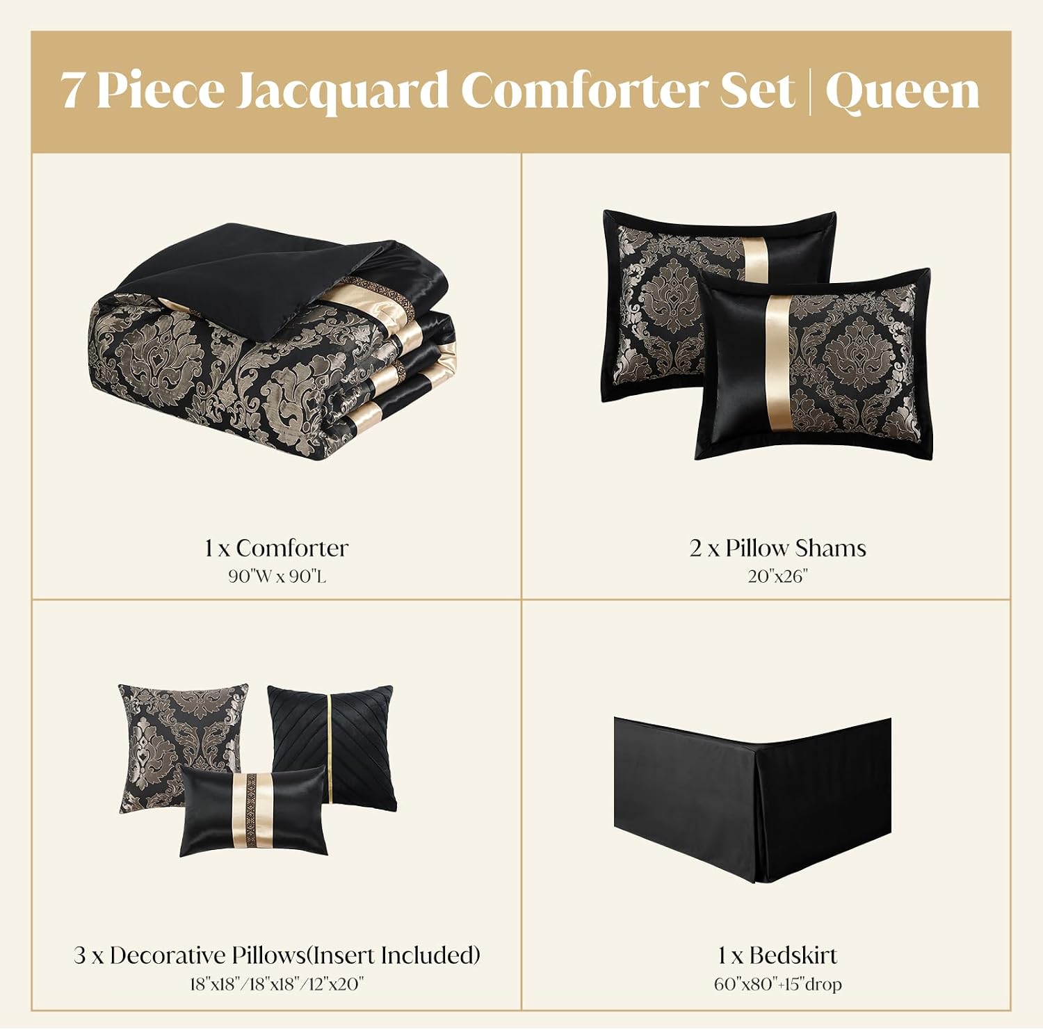 CozyDH Black and Gold Jacquard Comforter Set Queen - 7 Piece Luxury Damask Medallion Patchwork Bed in a Bag, All Season Down Alternative Bedding with Bed Skirt, Shams, Decorative Pillows, 90x90 in
