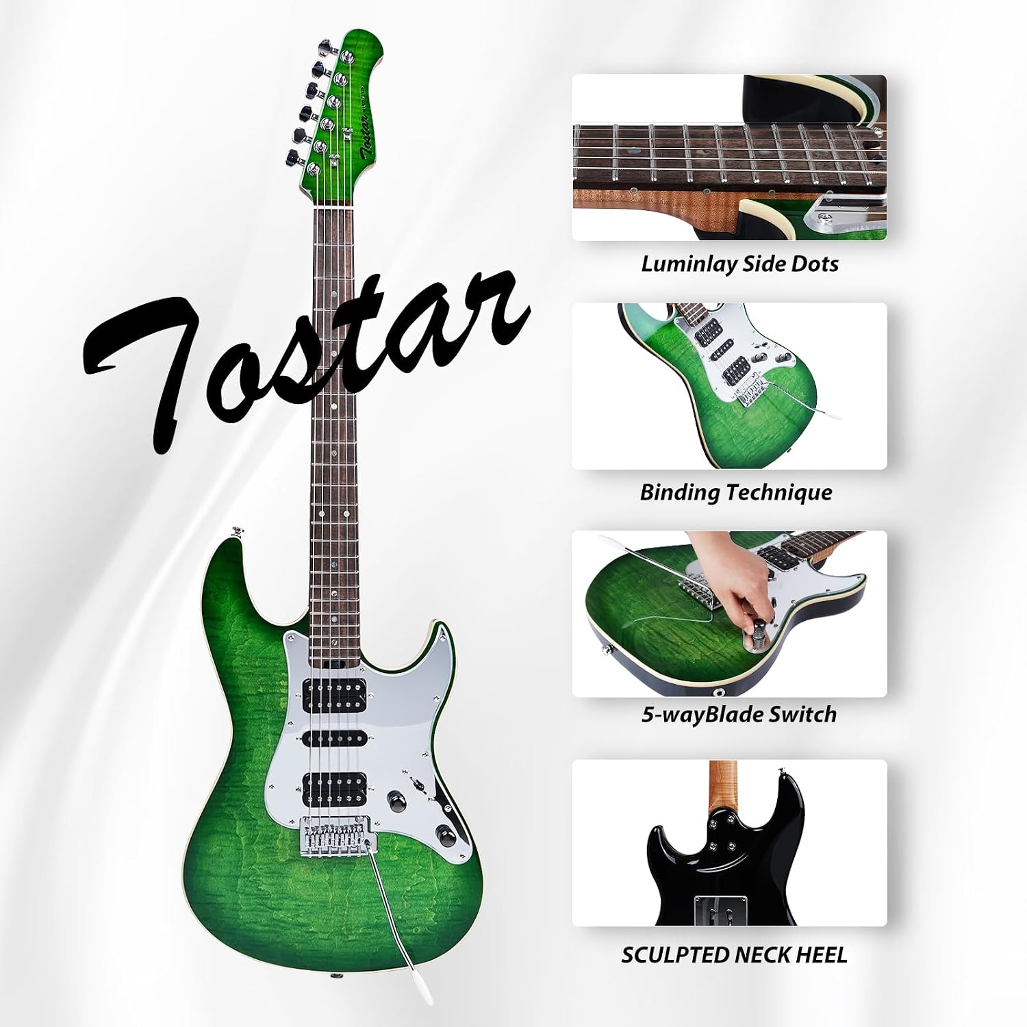 TOSTAR Electric Guitar with HSH Alnico 5 Pickups, Locking Tuners, Push-Pull Coil Split, Enhanced Sustain, Solid Body Electric Guitars for Advanced Players, Guitarra Electrica, Green