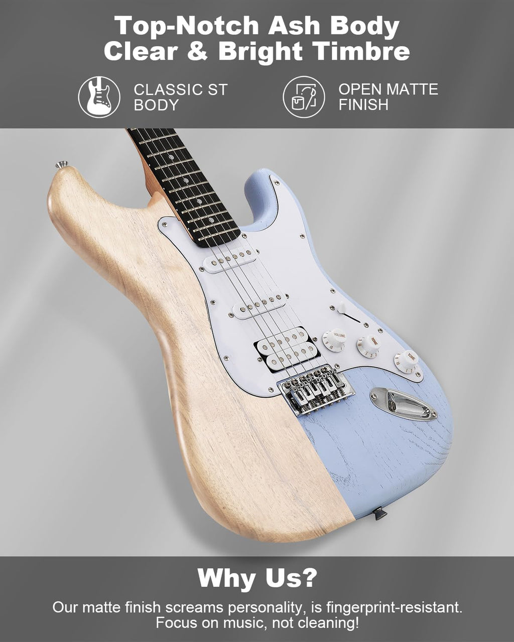 RVONE RST-150 39'Beginner Electric Guitar Kit with Amplifier, Classic HSS Pickup, Electric Guitar with Gig Bag, Capo, Strap, Extra Strings, Digital Tuner, 3 Picks, Cleaning Cloths (Light Blue)