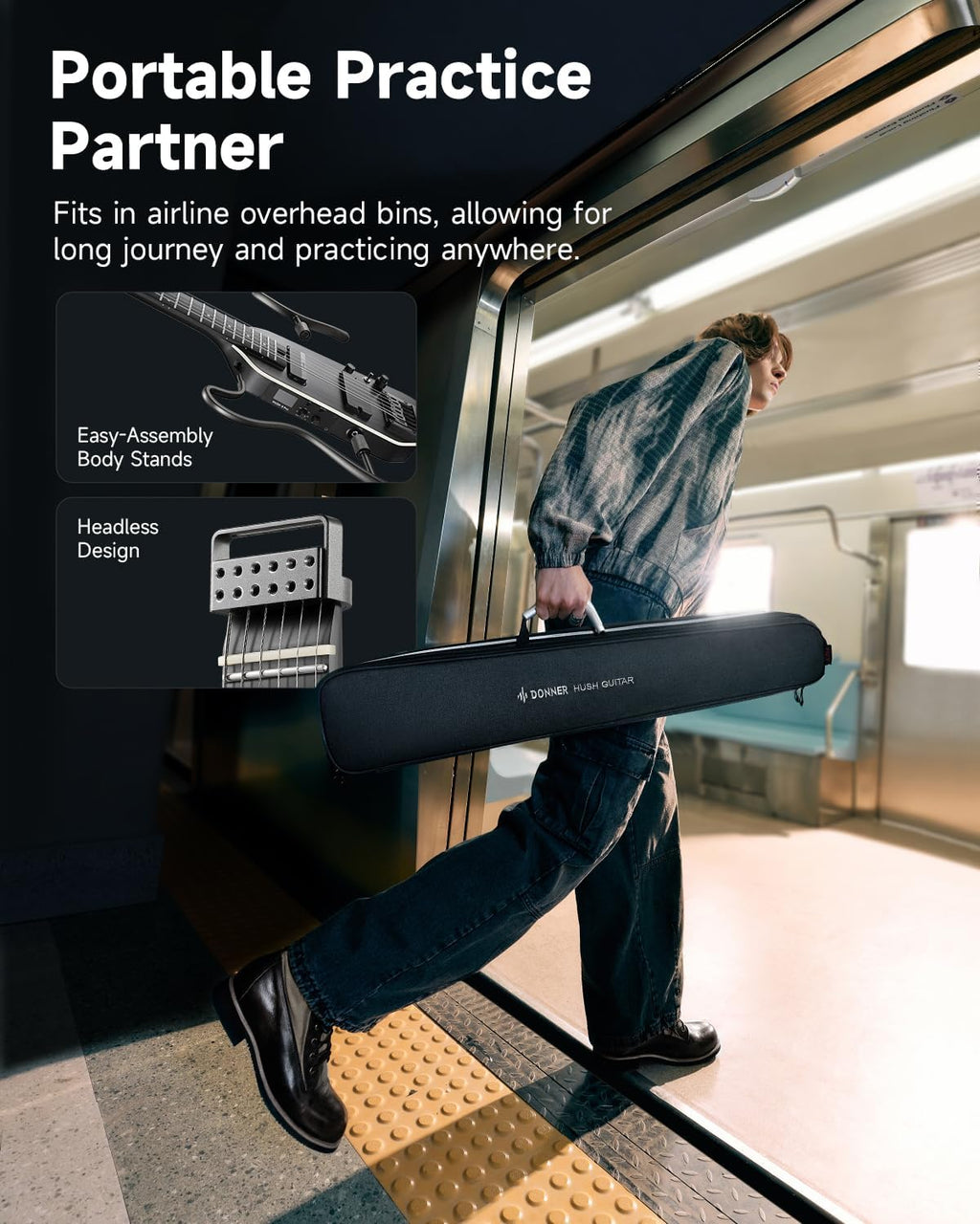 Donner HUSH X PRO Electric Guitar Kit - Smart Travel Guitar with Dozens of Preset Combinations, 7 Tone Sim Options, Black