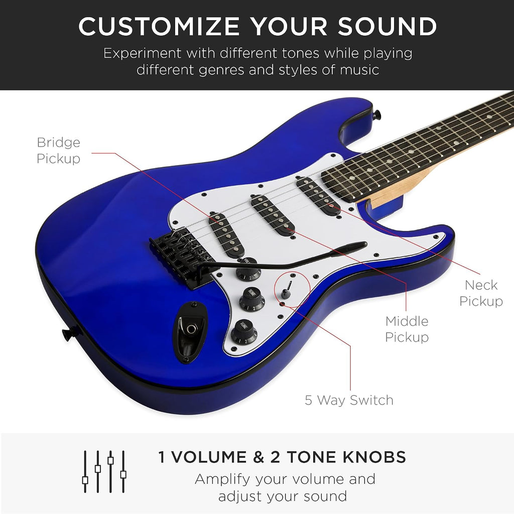 Best Choice Products 39in Full Size Beginner Electric Guitar Starter Kit w/Case, Strap, 10W Amp, Strings, Pick, Tremolo Bar - Metallic Blue