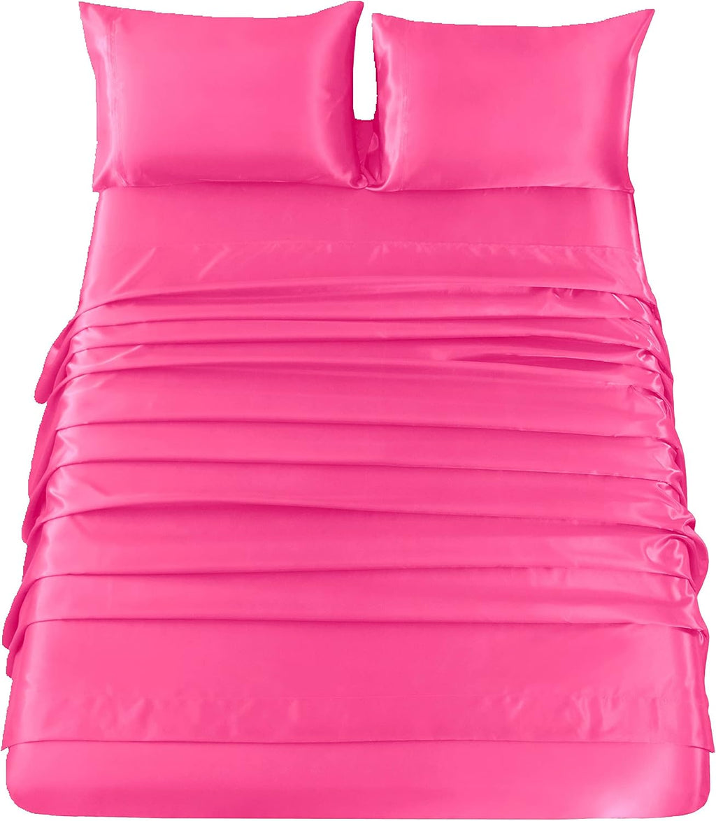 16 Momme 100% Mulberry Silk Bedding Set Full XL Size 4-Piece Luxury (2 Pillowcases, 1 Fitted Sheet, 1 Flat Sheet) - 6A Grade Natural Silk Fits 22-25' Deep Pocket (Solid, Hot Pink)