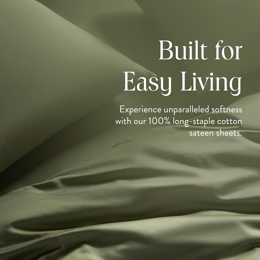 Brooklinen Luxury Sateen 4 Piece Sheet Set - 100% Cotton Bed Sheets, Soft & Durable Cali King Size Sheet Set in Fresh Moss, Oeko-TEX Certified Bedding Set, 1 Fitted Sheet, 1 Flat Sheet, 2 Pillowcases