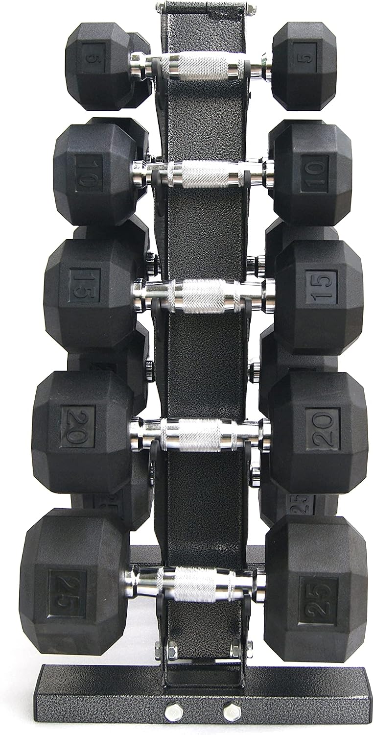 XPRT Fitness 150 lb Rubber Coated Dumbbell Set With Storage Rack (5/10/15/25/25lb Pair of Each)