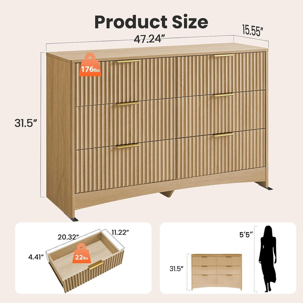 Pipishell Fluted Dresser for Bedroom, Wide Wooden Dresser with 6 Deep Drawers, Closet Storage Organizer with Round Corner & Pre-Installed Slides, Modern Chests of Drawers for Bedroom, Natural Oak