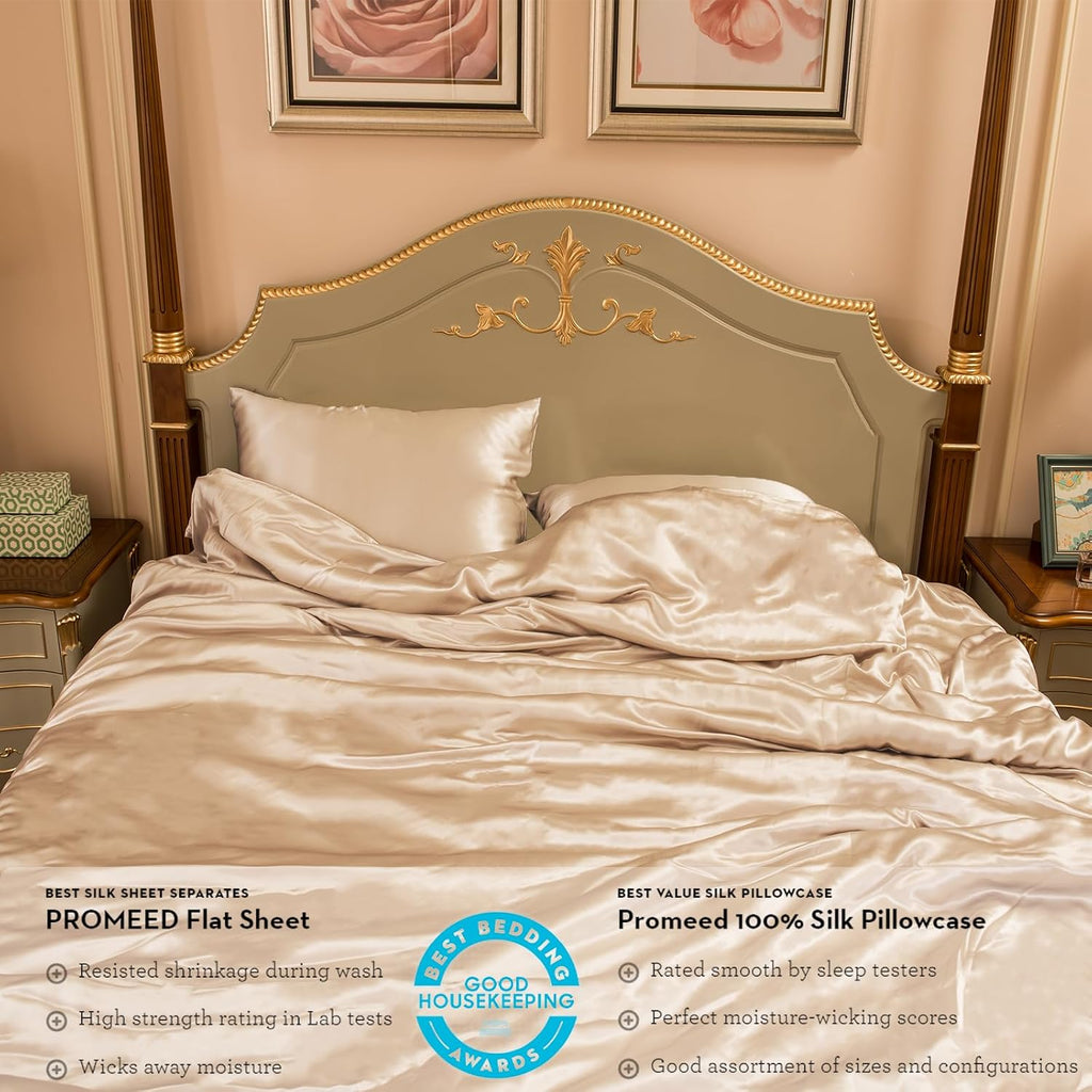 RROMEED 100% Mulberry Silk Duvet Cover Set 3PCS, Real 23 Momme Grade 6A Silk Bedding Set with Duvet Cover and Pillowcases (Champagne, King)