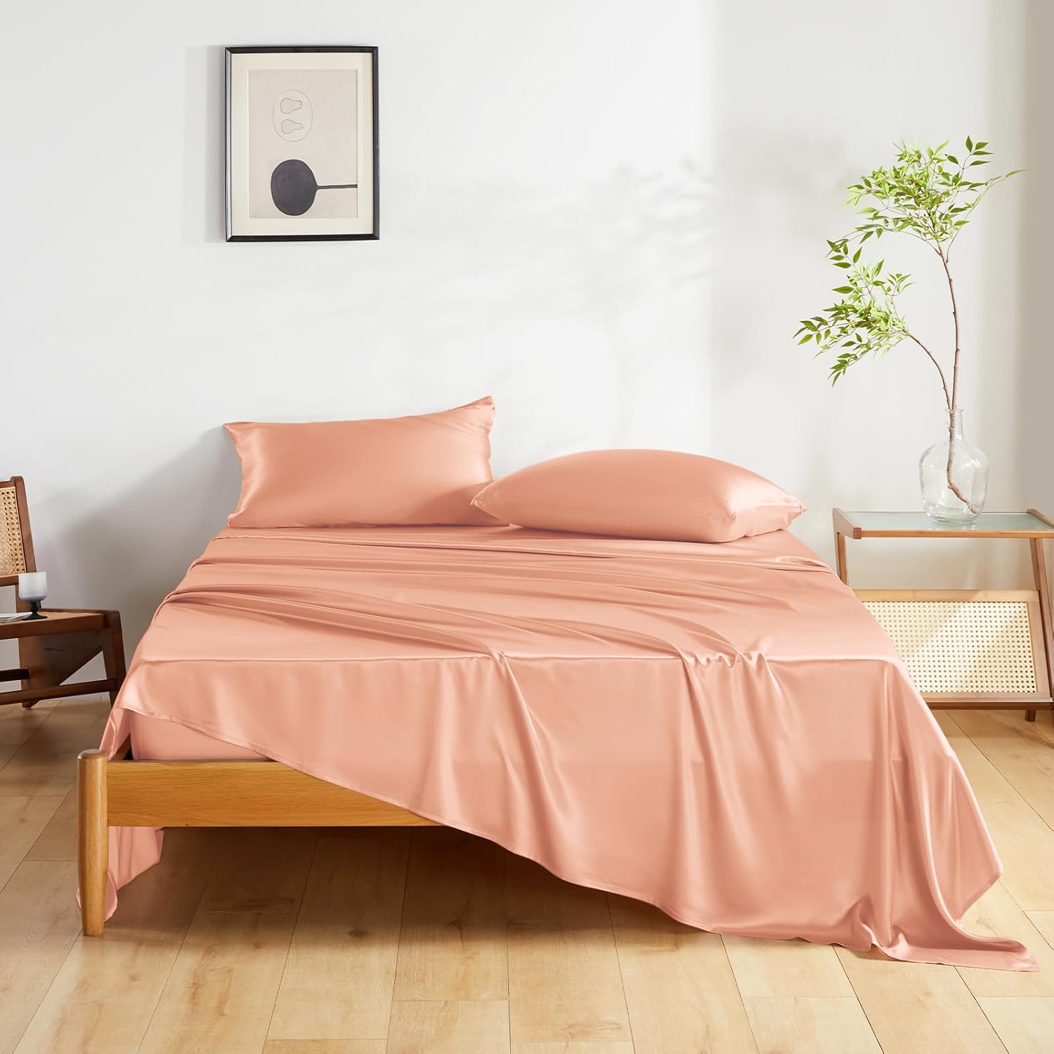 THXSILK Silk Sheet Set 4 Pcs, Full Size Sheet Set, Soft Breathable Cooling Bed Sheets with 1 Flat Sheet, 1 Fitted Sheet, 2 Pillowcases with Zipper Closure, Peachy Pink