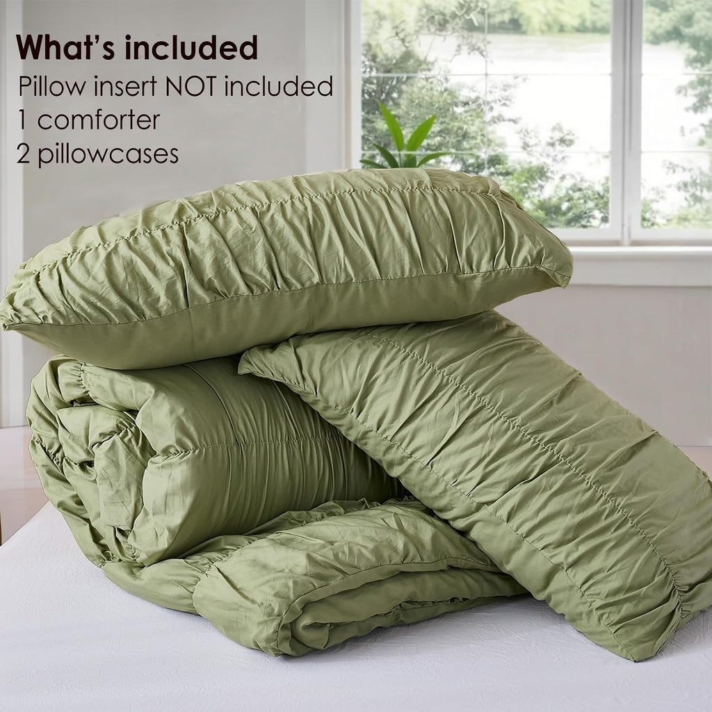 Bedbay Ruched Comforter Set King Size,100% Cotton Boho Bedding Set,Avocado Green Cinched Fluffy Comforter for Bedroom,3 Pcs Vintage Ruffle Bedding Aesthetic Room Decor for All Seasons