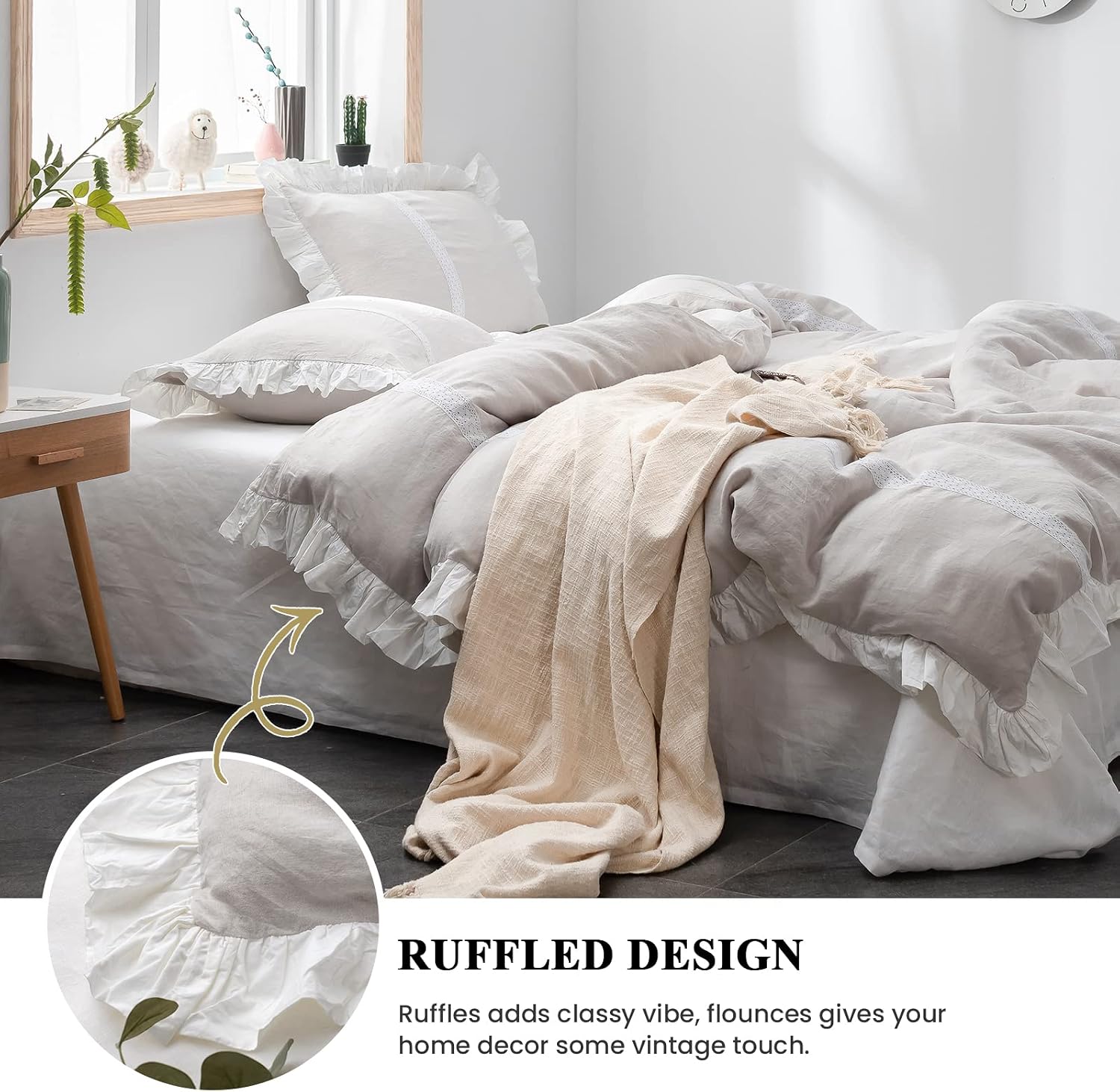 Simple&Opulence 100% Linen Duvet Cover Set (104'x92') Floral Flax King Size, Shabby Chic Ruffle Edge Lace Insert Decoration, 3 Pcs Farmhouse Bedding-1 Comforter Cover 2 Pillow Shams, Floral Grey