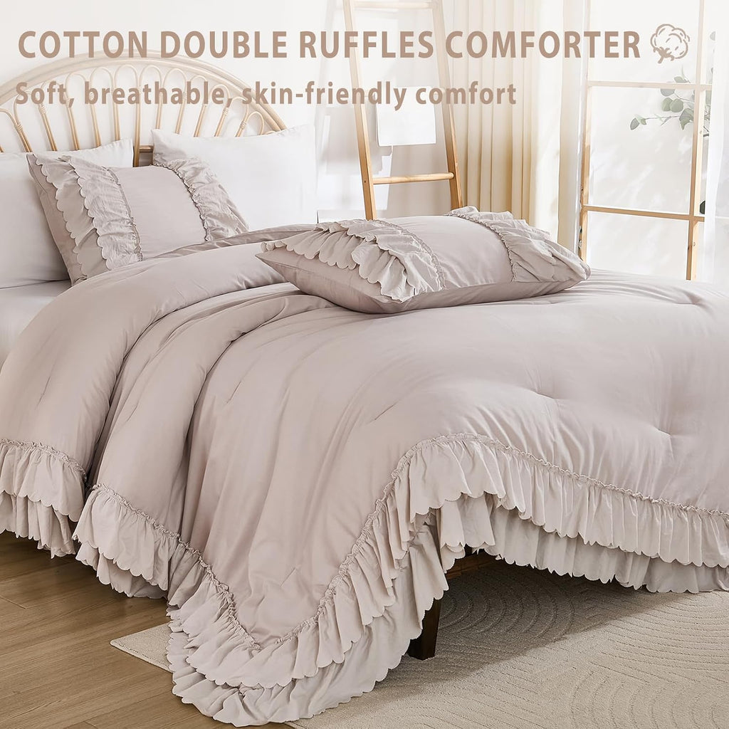 Herside Beige Cotton Ruffle Comforter King Size,2 Layers Ruffles Boho Bedding Set,3 Pcs Fluffy Vintage Comforter Farmhouse Soft and Cozy Lightweight Quilt Set for Women Home Decor