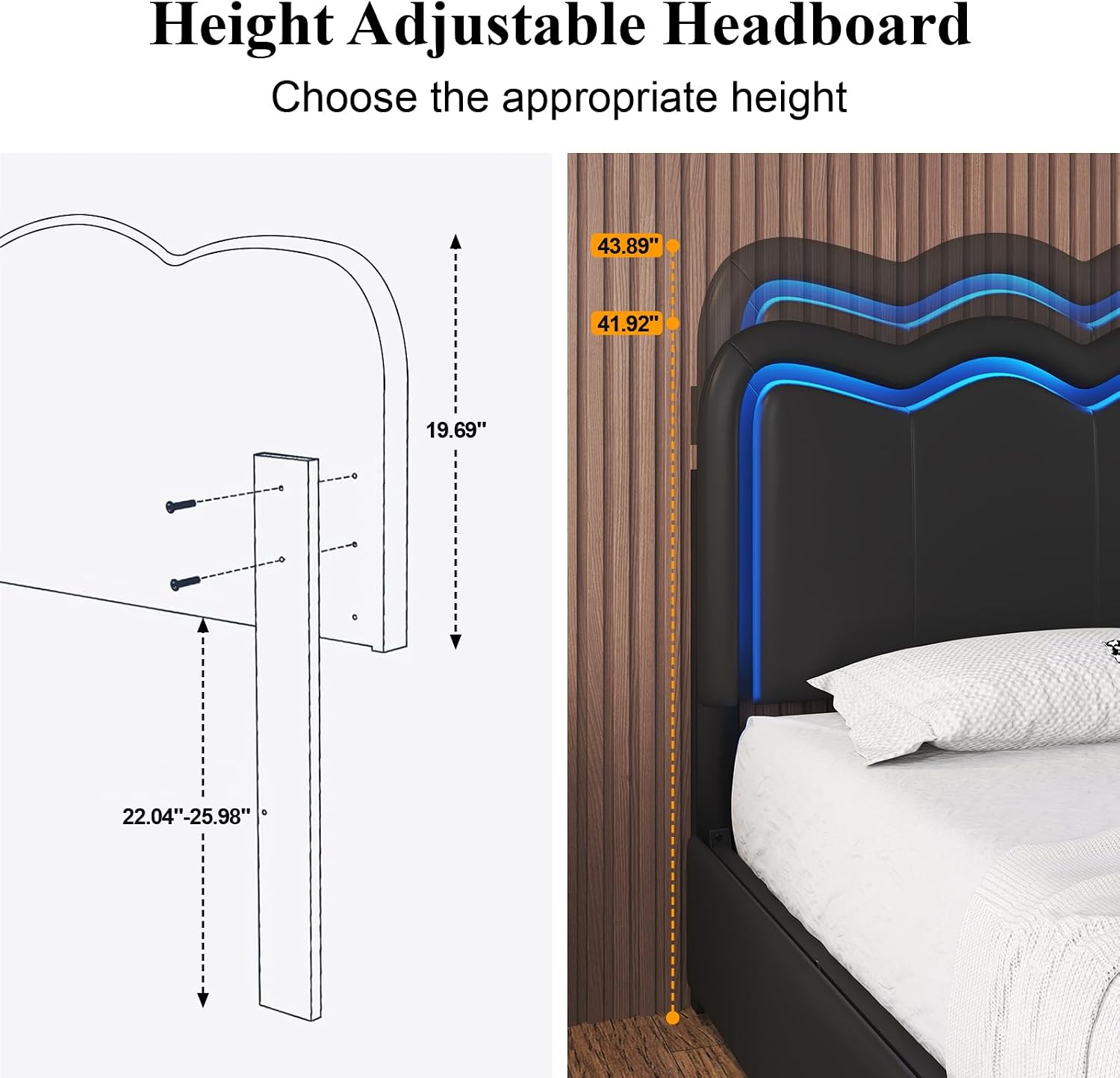E-Motie Full Size Bed Frame with 4 Storage Drawers and LED Lights,Upholstered Platform Bed with Adjustable Headboard and Charging Station, Metal Slats Support, No Box Spring Needed, Black