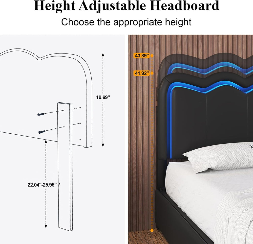 Queen Size Bed Frame with 4 Storage Drawers and LED Lights, Upholstered Platform Bed with Adjustable Chic Double Wavy Headboard, Charging Station, Metal Slats Support, No Box Spring Needed, Black
