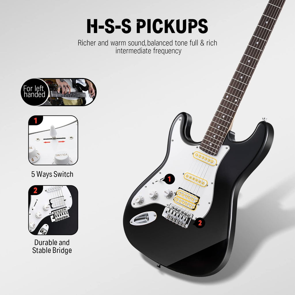 Donner 39 Inch Left-Handed Electric Guitar Kit Solid Body Black Lefty Beginner Set Full-Size with Amplifier Online Lesson Bag Digital Tuner Capo Strap String Cable Picks DST-100BL