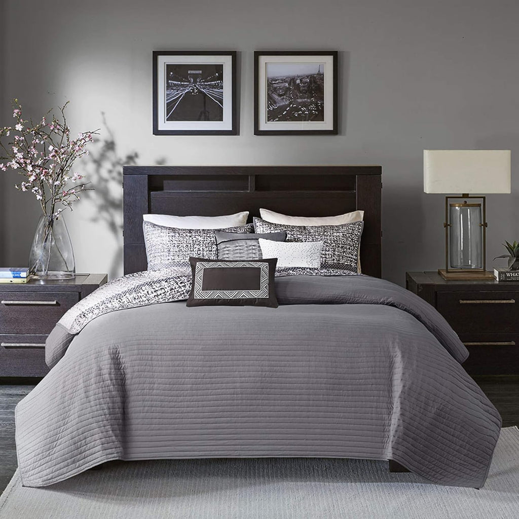 Madison Park King Quilt Set Lustrous Jacquard & Glitter Accent Coverlet Set - All Season, Lightweight Quilt Set, Shams, Decorative Pillow, King/Cal King Chevron Grey/Taupe