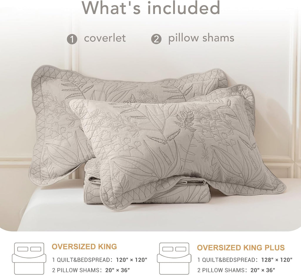 Lady Ann Oversized King Bedspread 128x120, Leaves Pattern Stitching Printed Quilt Set Soft & Lightweight Linen Feel Quilted Coverlet, 3 Pcs Extra Large Botanical Bedding Sets