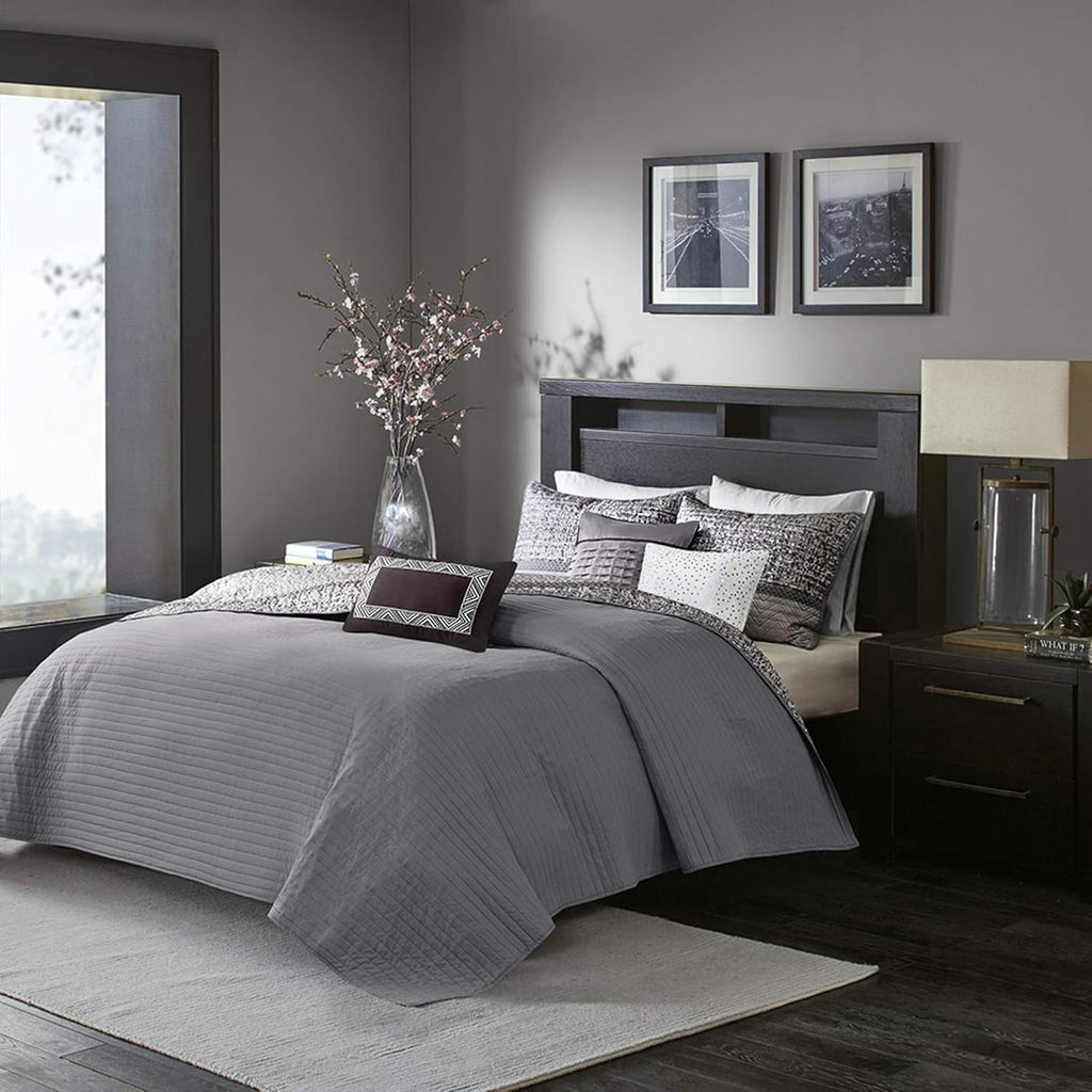 Madison Park King Quilt Set Lustrous Jacquard & Glitter Accent Coverlet Set - All Season, Lightweight Quilt Set, Shams, Decorative Pillow, King/Cal King Chevron Grey/Taupe