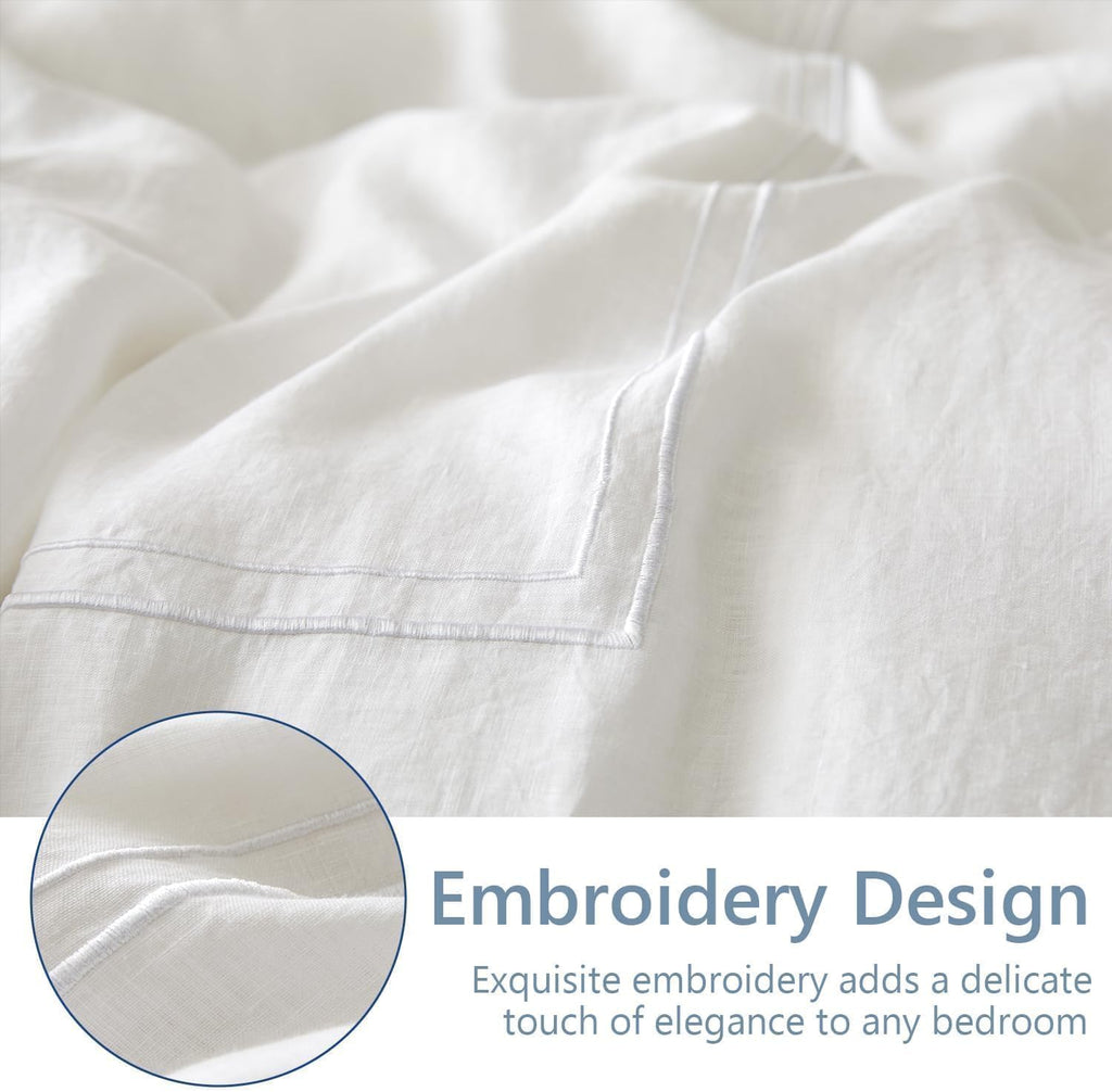 Simple&Opulence 100% Washed Linen Duvet Cover Set 104'x92' - 3 Pieces Soft Farmhouse Comforter Cover Set Double Embroidered with Button Closure - 1 Duvet Cover and 2 Pillowcases (White, King)