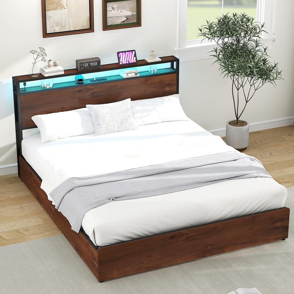 Kiivakii Queen Size Bed Frame with 4 Storage Drawers, LED Platform Bed with Headboard, Built in Charging Station, Noise-Free, Metal Support Base, No Box Spring Needed, Red Brown