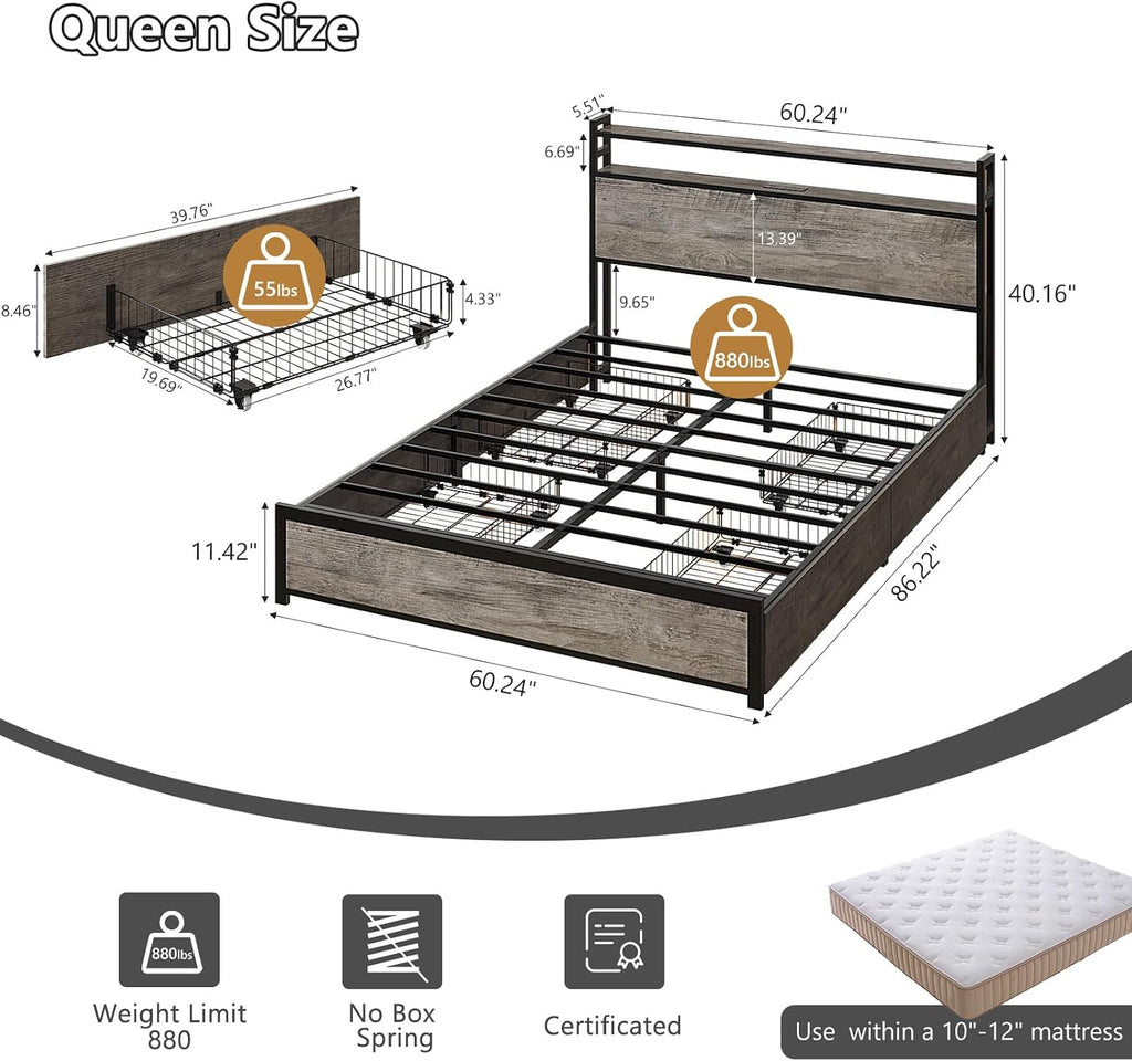 VINGLI LED Queen Bed Frame with 4 Storage Drawers and Adjustable Headboard Shelf, Metal Platform Panel Bed with Charging Station for Kids Teens, Adults, No Box Spring Needed, Wash Gray
