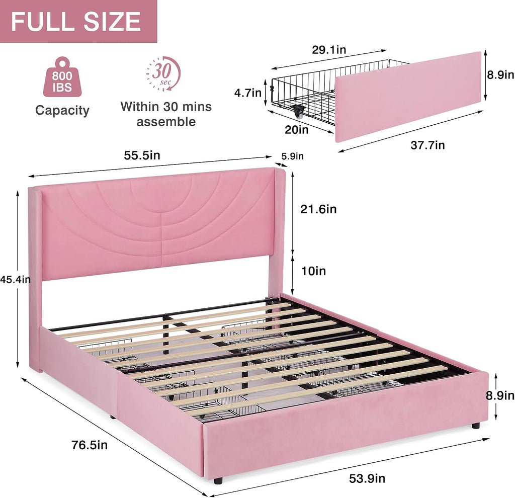 VECELO Upholstered Platform Full Bed Frame with 4 Storage Drawers & Wave Fabric Headboard,Wooden Slats Support/No Box Spring Needed/Mattress Foundation,Pink