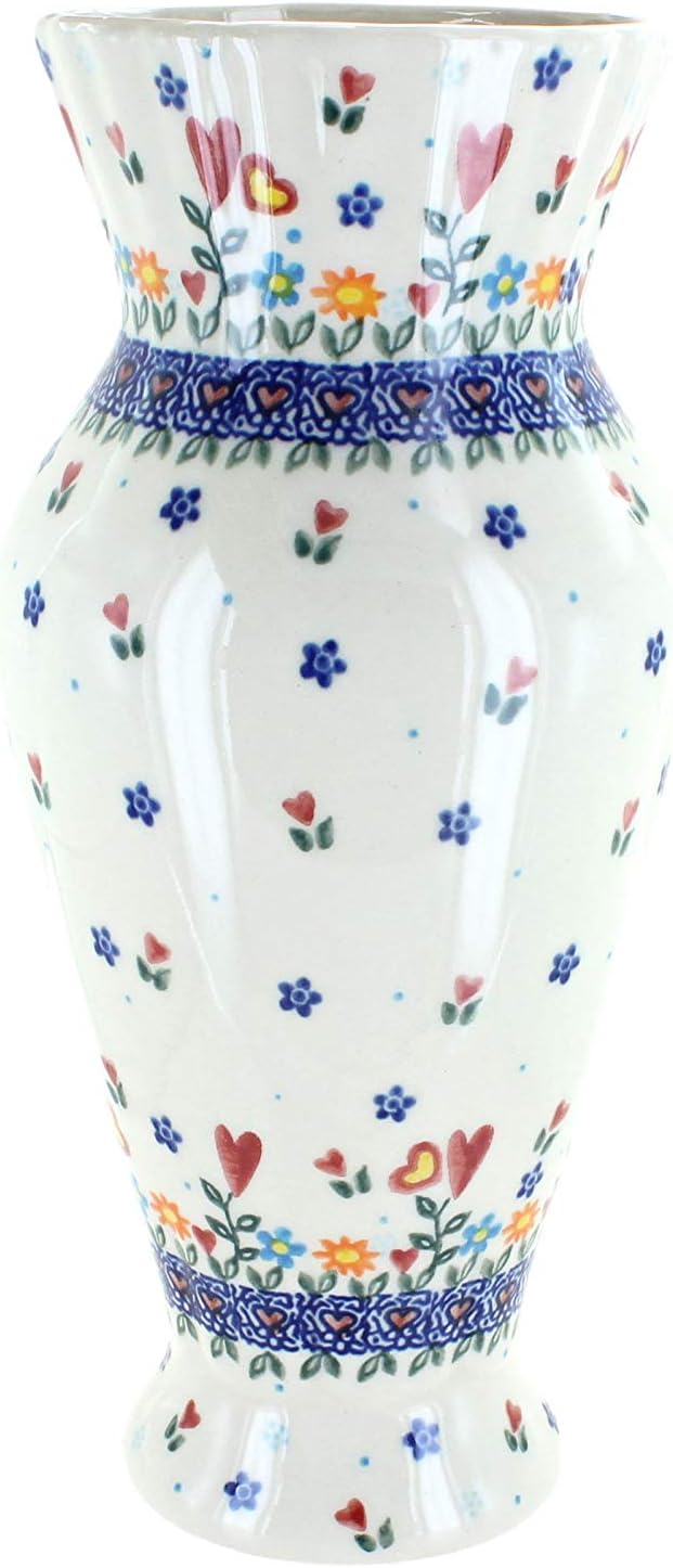 Blue Rose Polish Pottery - Red Hearts & Flowers Tall Vase - 11' Tall - Ceramic Flower Vase, Decorative Floral Design for Table, Shelf or Mantel Décor