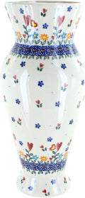Blue Rose Polish Pottery - Red Hearts & Flowers Tall Vase - 11' Tall - Ceramic Flower Vase, Decorative Floral Design for Table, Shelf or Mantel Décor