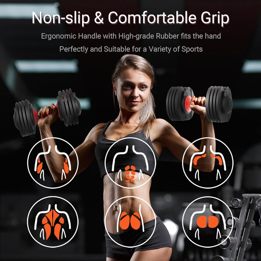 Adjustable Dumbbells 25/52.5 lbs, 9/15 in - Adjustable Weight Dumbbell Set for Full Body Exercise Training Fitness Workout in Home Gym