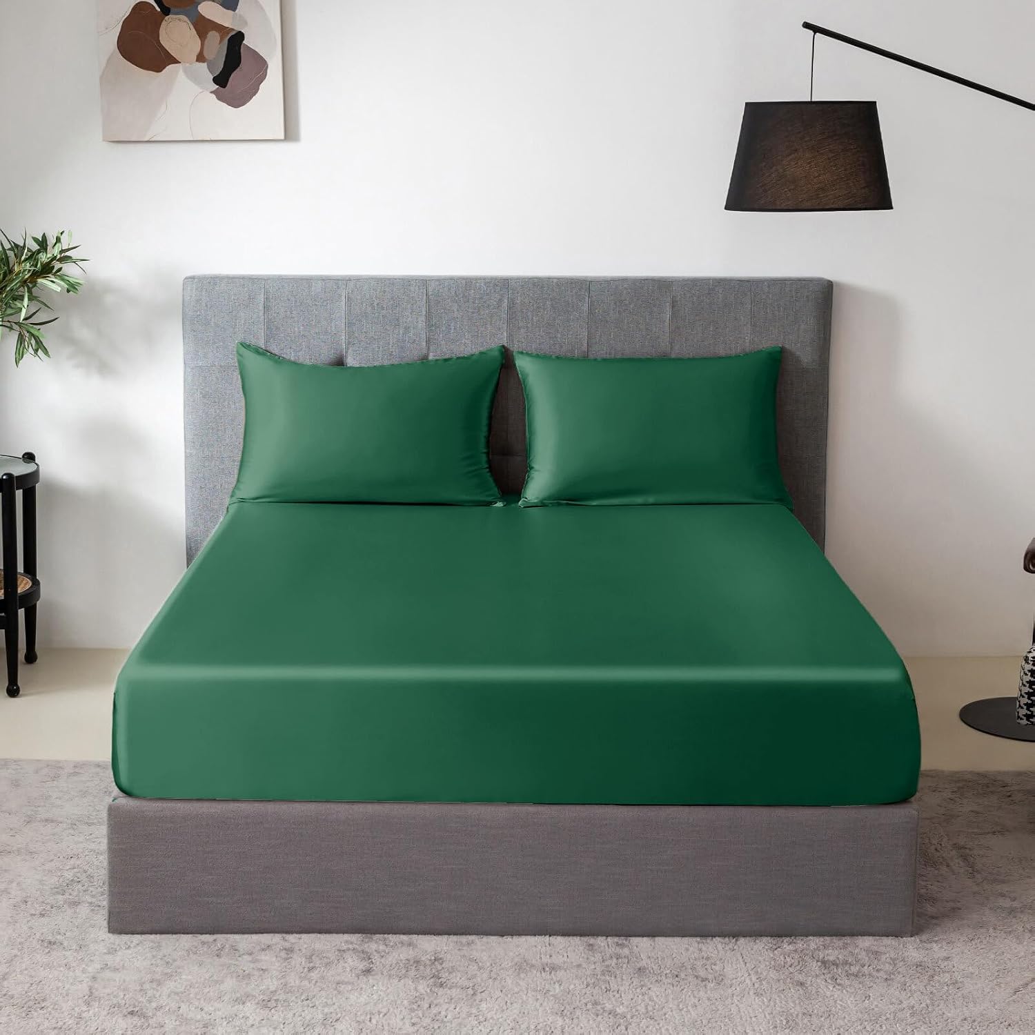THXSILK 100% Mulberry Silk Fitted Sheet Set, 7A+ Silk 3 Pieces Bed Sheets, Breathable, Smooth, 16 Inch Deep Pocket Fitted Sheet, 2 Pillowcases - Emerald Green, Queen