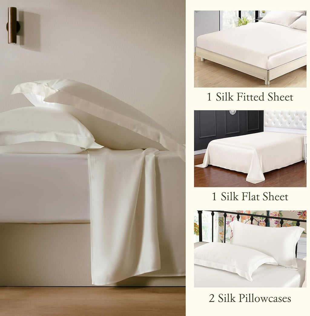 LilySilk 4PC Silk Fitted Sheet Set, 19 Momme Silk Bed Sheets, 1 Flat Sheet, 1 Fitted Sheet and 2 Oxford Silk Pillowcases, Silk Bedding Set 100% Top 6A Grade, Ivory, Cal.King Size