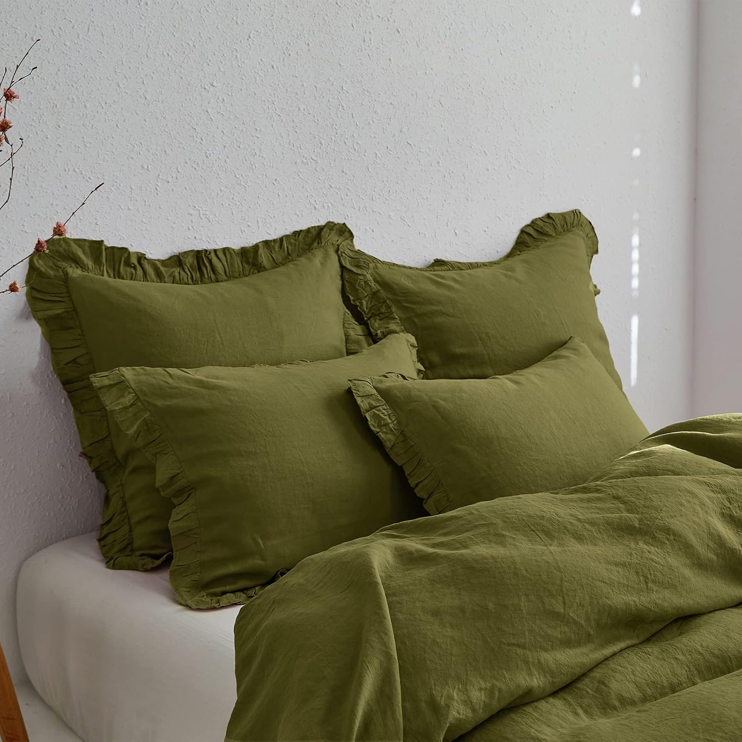 Simple&Opulence 100% Linen Duvet Cover Set, 3 PCS Natural French Flax Ruffle Duvet Cover King Size, Breathable Comfy Linen Bedding Comforter Cover with 2 Pillowcases (Olive Green, 104' X 92')
