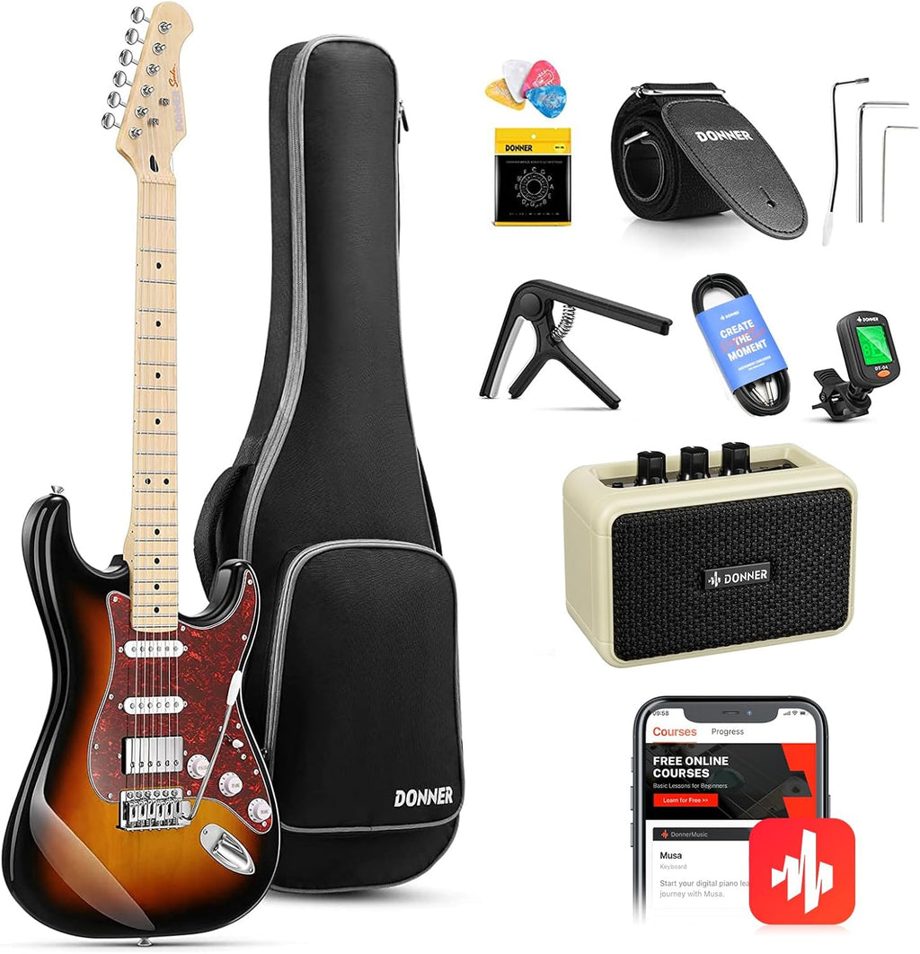 Donner Electric Guitar, DST-152S 39' Beginner Kit with HSS Pickup Coil Split, Solid Body, 10W Amp, Padded Bag, Accessories, Sunburst