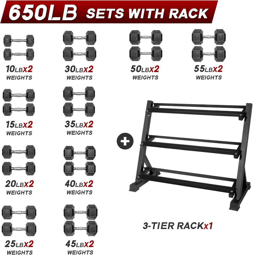 Ritfit 5-650 LBS PVC Encased Hex Dumbbell Sets with Optional Rack for Home Gym, Hand weight with Chrome Handle for Strength Training,Workouts