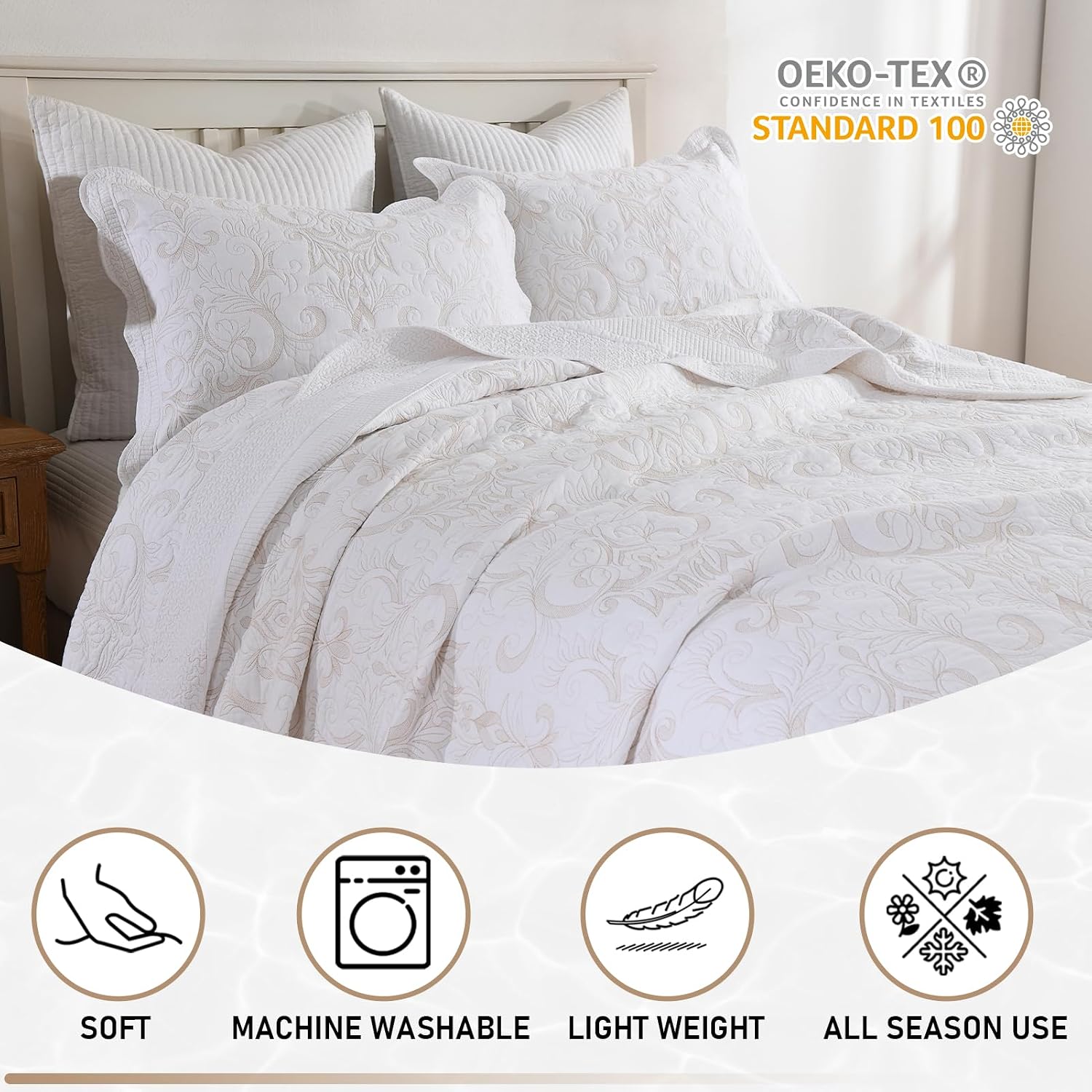 KALOOLA Embroidered Quilts Queen Size - 100% Cotton Lightweight Quilted Bedding Set 3 Pcs, Vintage Damask Pattern Bedspread with 2 Pillow Shams, Reversible Bed Coverlet for All Season, White/Beige