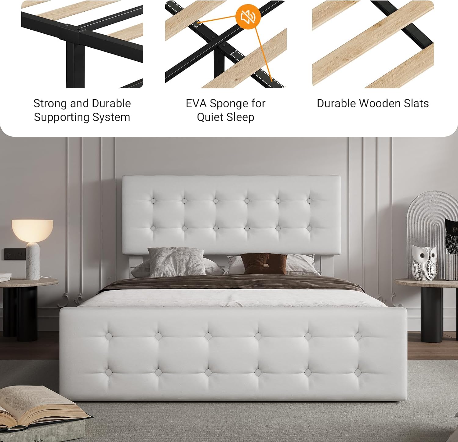 Full Size Platform Bed Frame with 4 Storage Drawers & Headboard, Faux Leather Upholstered, Button Tufted Design, Wooden Slats Support, Noise-Free Mattress Foundation, No Box Spring Needed, Beige