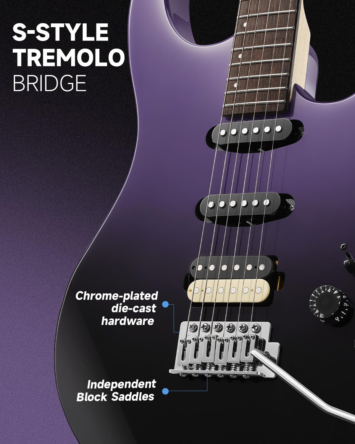 Donner DMT-66 Solid Body Electric Guitar Kit for Beginners, Full Size 39' Electric Guitar with HSS Pickups, Poplar Body, Maple Neck, Starter Guitar with Gig Bag, Strap, Whammy Bar Arm, Purplish Black