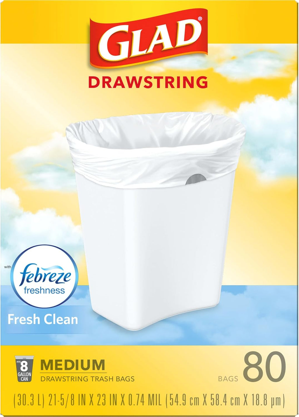 Glad Medium Trash Bags, 8 Gallon, Febreze Fresh Clean Garbage Bags, With Odor Control and Drawstring, 80 Count (Pack of 12)