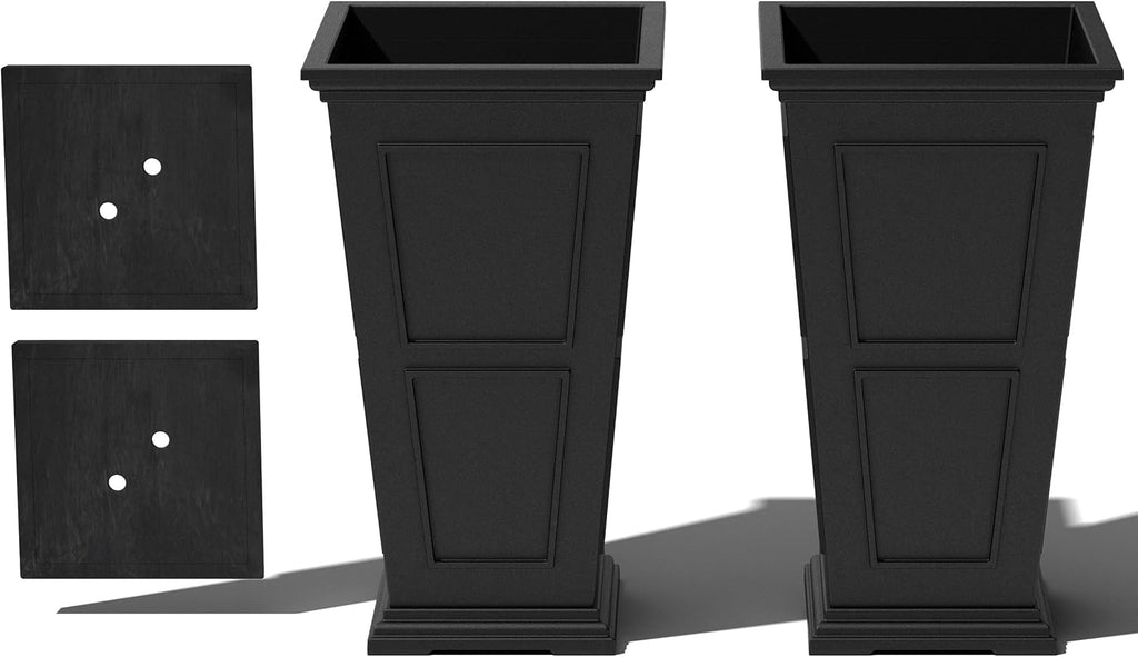 Veradek Brixton Series Tall Plastic Planter (Black, 26' H x 14.75' W x 14.75' L - 2 Pack with Shelf)
