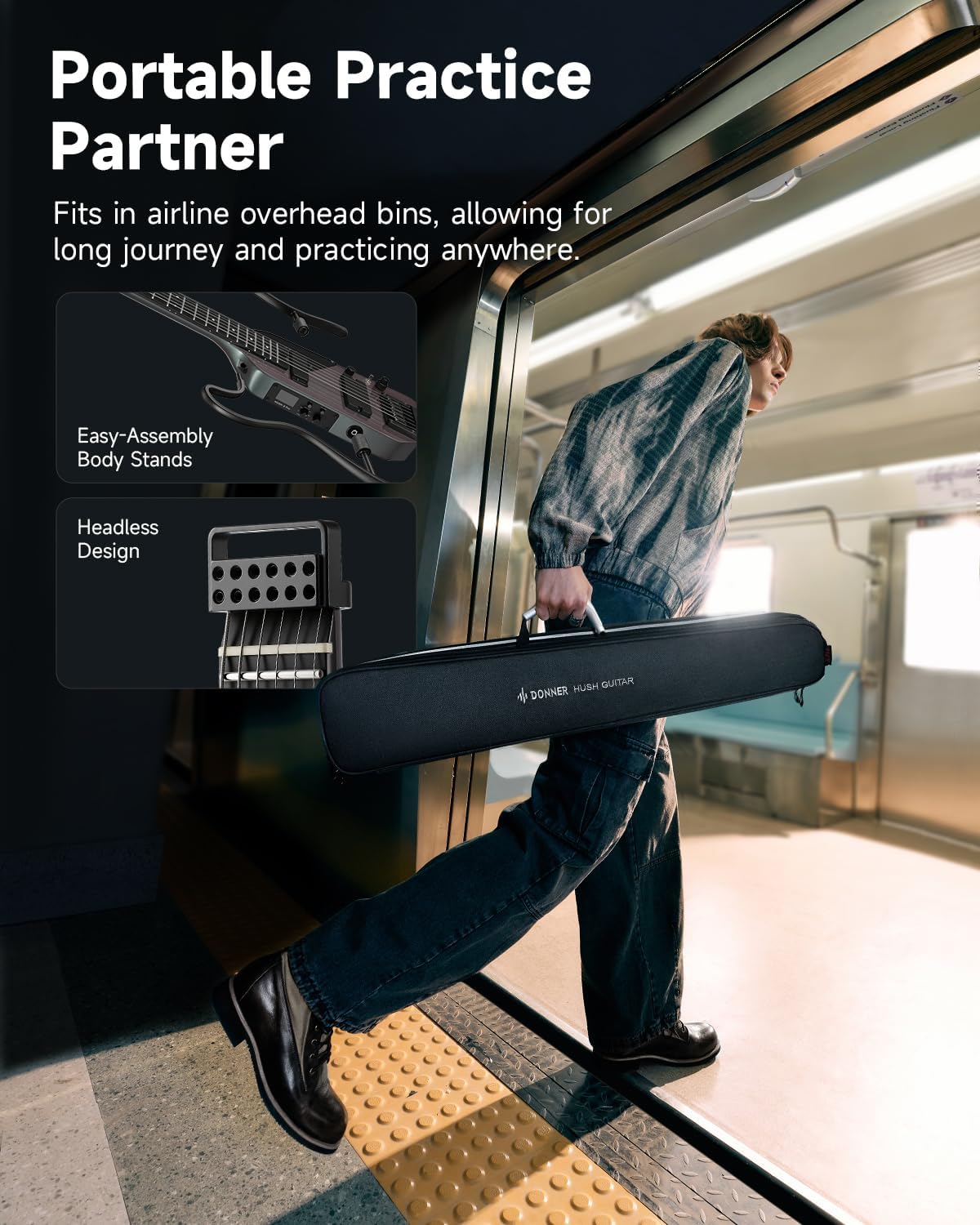 Donner HUSH X PRO Electric Guitar Kit - Smart Travel Guitar with Dozens of Preset Combinations, 7 Tone Sim Options, Midnight Glow