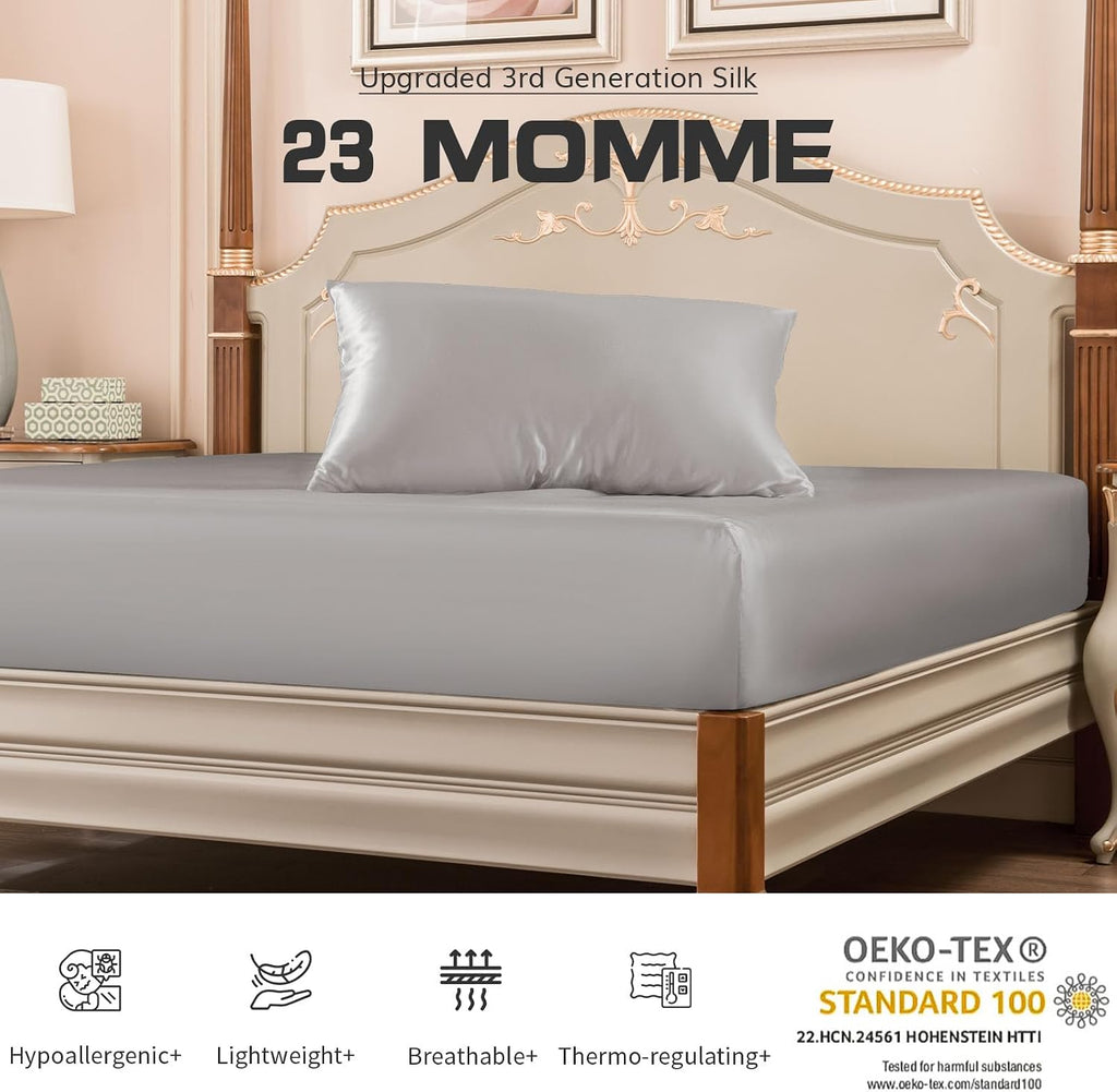 PROMEED Grade 6A Silk Queen Bed Sheets Set with Deep Pocket Fitted Sheet and Pillowcase, Both 23 Momme Mulberry Silk, 3 Piece Bedding Set (Light Grey, Queen)