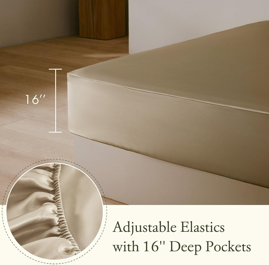 LilySilk 4PC Silk Fitted Sheet Set, 19 Momme Silk Bed Sheets, 1 Flat Sheet, 1 Fitted Sheet and 2 Oxford Silk Pillowcases, Silk Bedding Set 100% Top 6A Grade, Taupe Cal.King Size