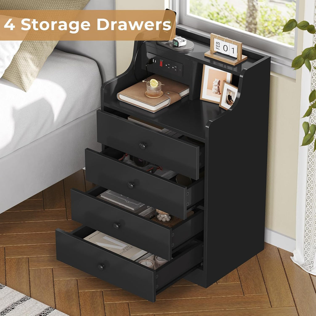 ADORNEVE Black Nightstand Set of 2,Night Stand with Charging Station & Hutch,Bedside Table with 4 Drawers,Large Nightstands Set of 2,Night Stands for Bedrooms,Side Tables Bedroom